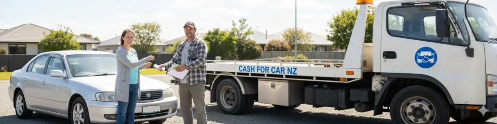 Cash For Car NZ with a happy customer - verticle