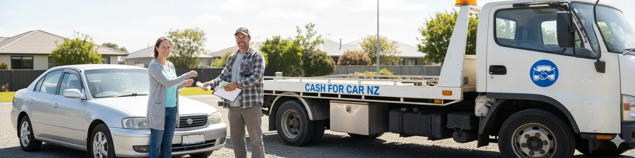 Cash For Car NZ with a happy customer - verticle